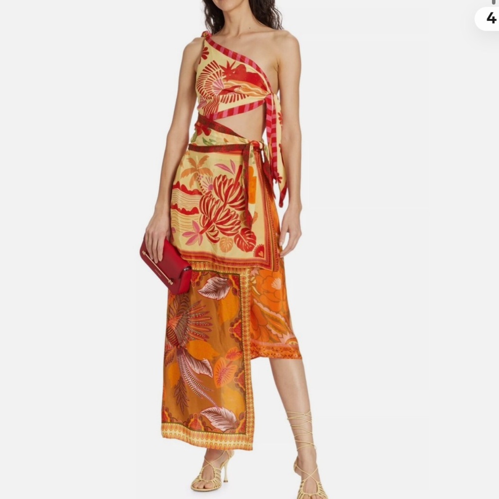 FARM Rio Red and Orange Floral Mixed Scarves Midi Dress
